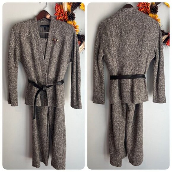 Lafayette 148 Sz 10/12 Belted Leather Blazer Pant Set Tweed Wool Blend - Picture 1 of 16